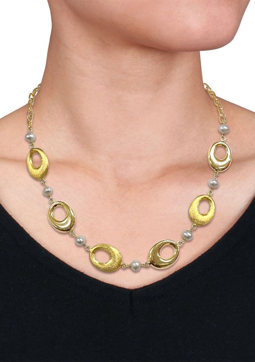 6-7mm Cultured Freshwater Pearl and Oval Disc Station Chain Necklace in 18k Yellow Gold Plated Sterling Silver