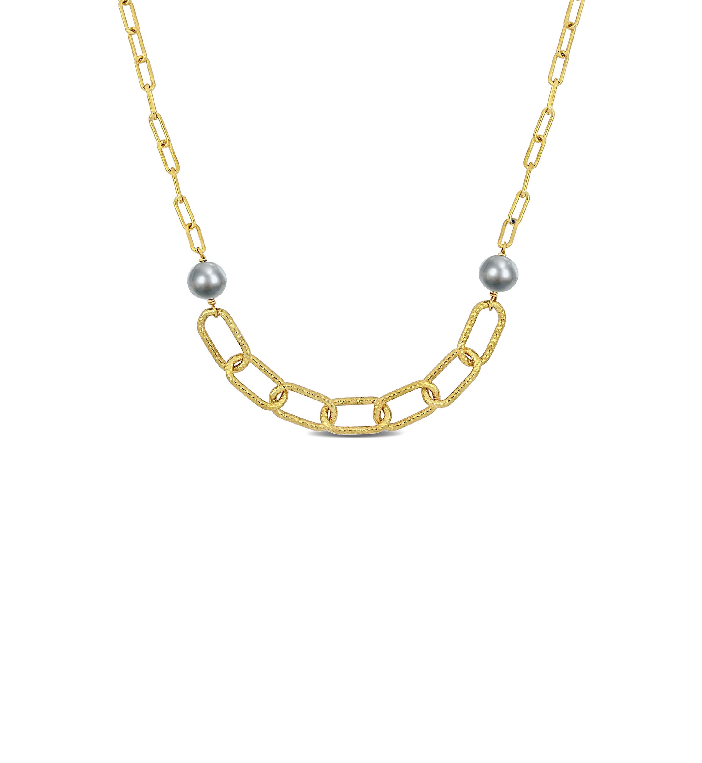 9-10mm Grey Cultured Freshwater Pearl Chain Bar Necklace in 18k Yellow Gold Plated Sterling Silver