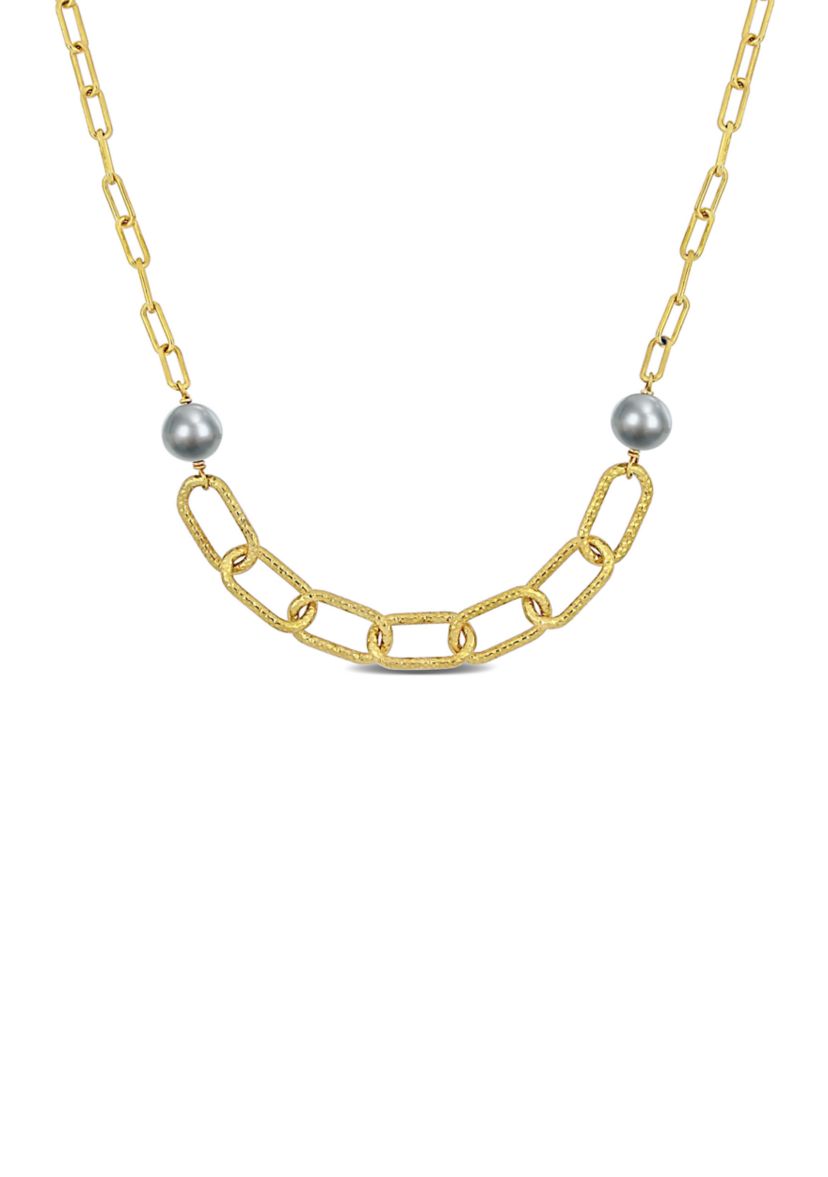 9-10mm Grey Cultured Freshwater Pearl Chain Bar Necklace in 18k Yellow Gold Plated Sterling Silver