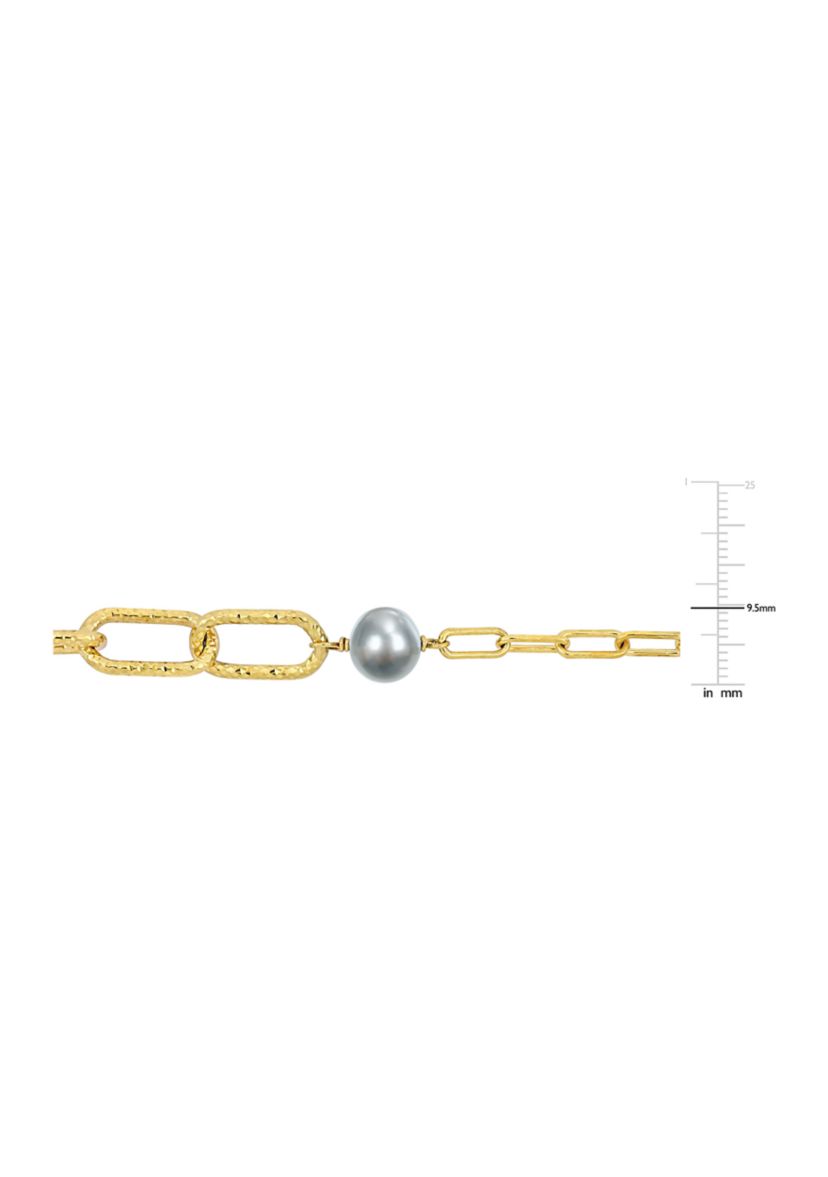 9-10mm Grey Cultured Freshwater Pearl Chain Bar Necklace in 18k Yellow Gold Plated Sterling Silver
