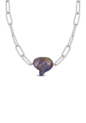 Belk & Co 13-14mm Grey Cultured Freshwater Baroque Pearl Paperclip Necklace in Sterling Silver, White
