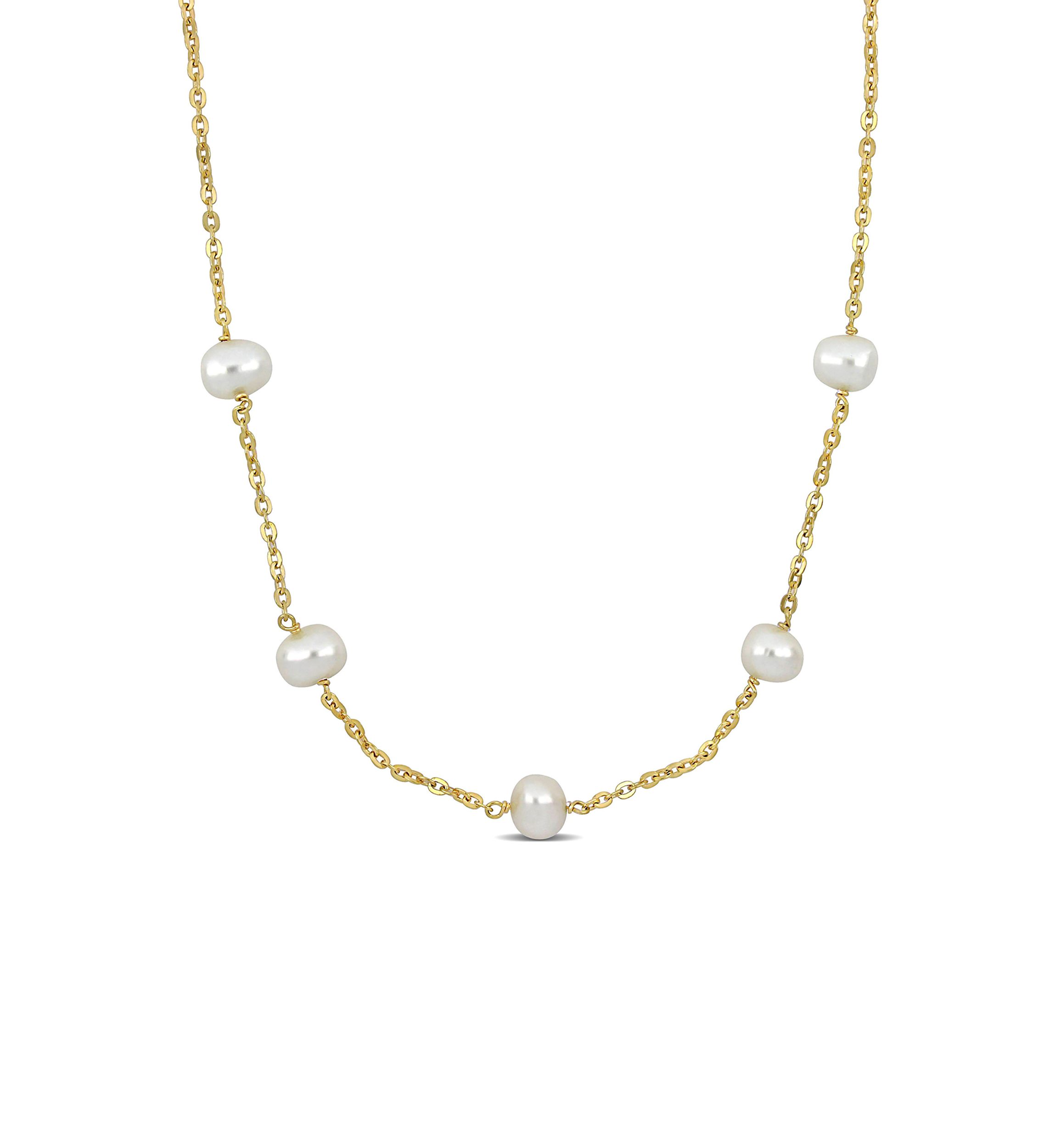 9-10mm Cultured Freshwater Pearl Station Necklace in 18k Yellow Gold Plated Sterling Silver