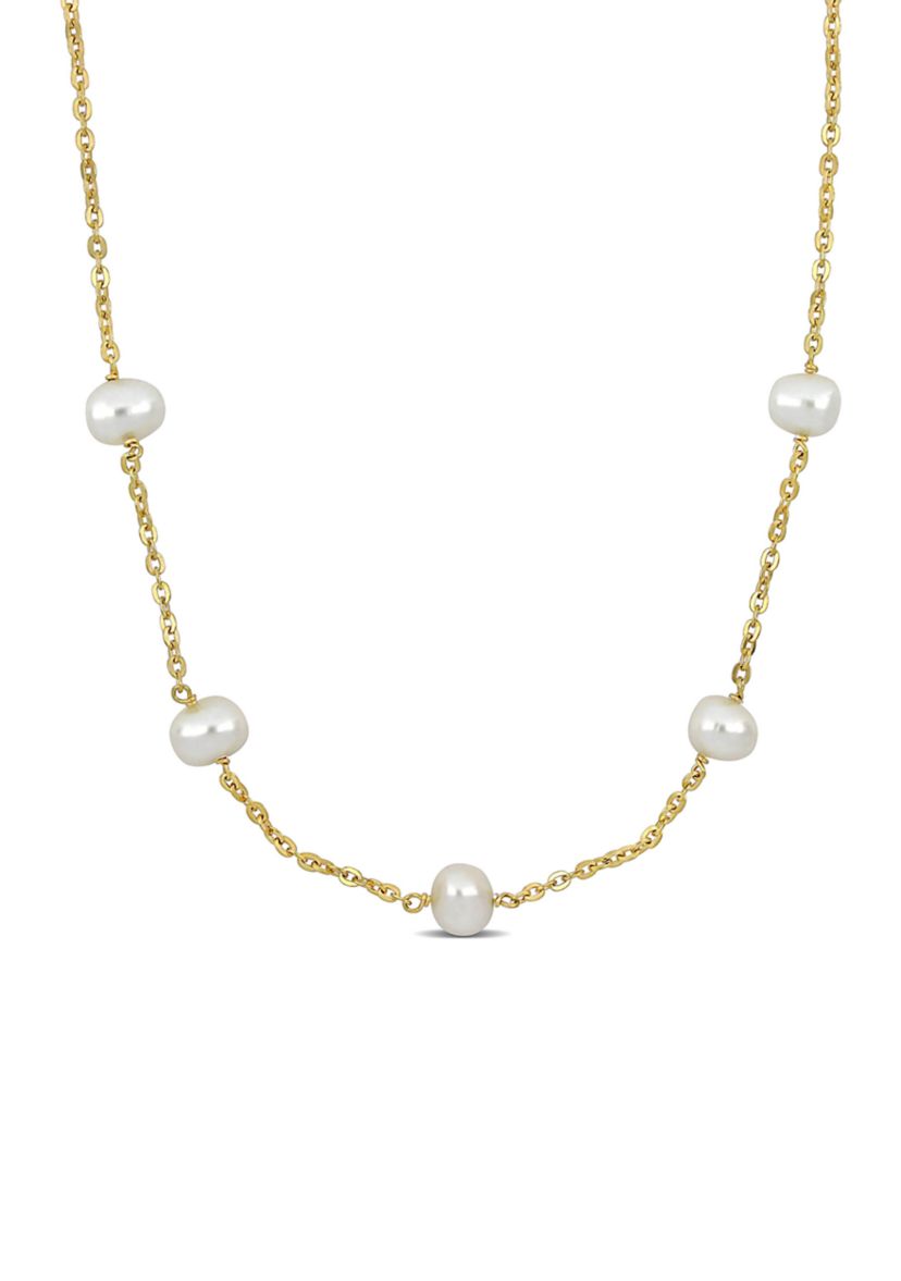 9-10mm Cultured Freshwater Pearl Station Necklace in 18k Yellow Gold Plated Sterling Silver