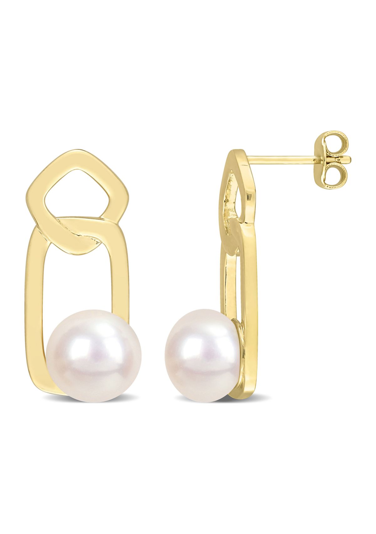 8.5-9mm Cultured Freshwater Pearl Geometric Earrings in Yellow Plated Sterling Silver