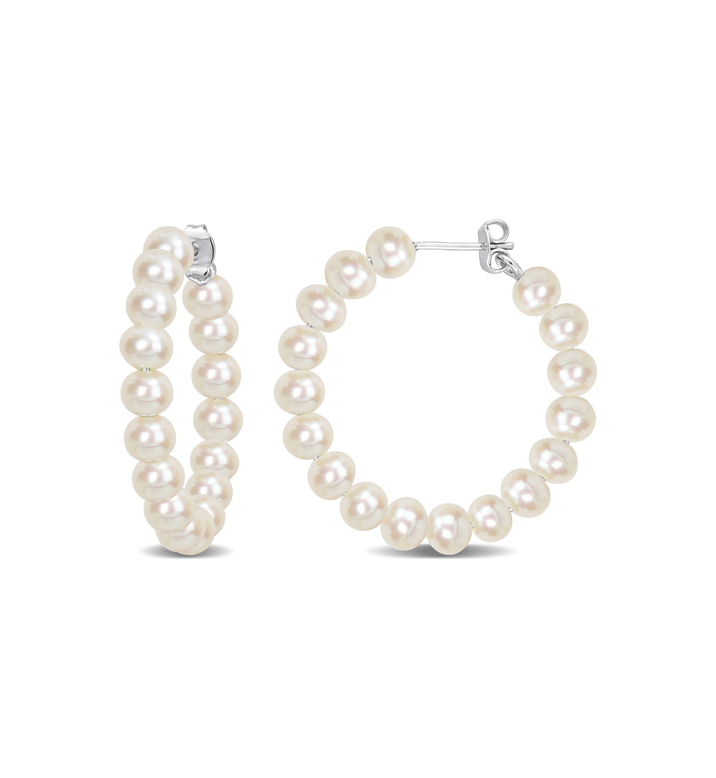 5-5.5mm Freshwater Cultured Pearl Hoop Earrings in Sterling Silver