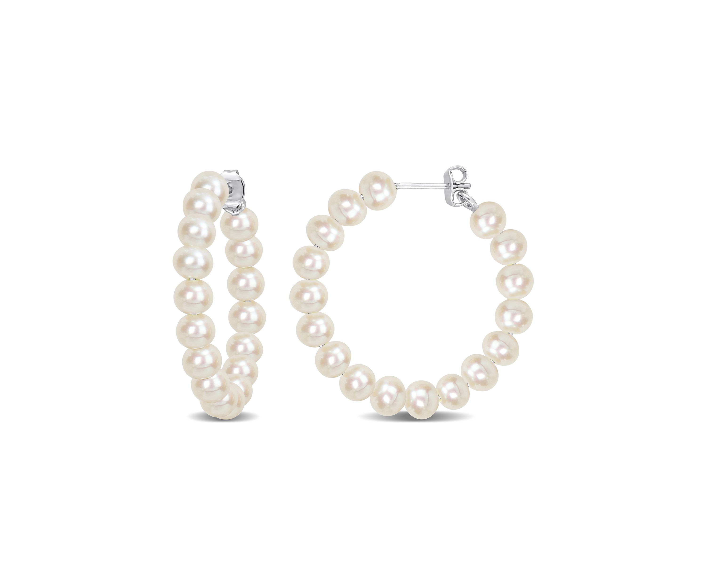 5-5.5mm Freshwater Cultured Pearl Hoop Earrings in Sterling Silver