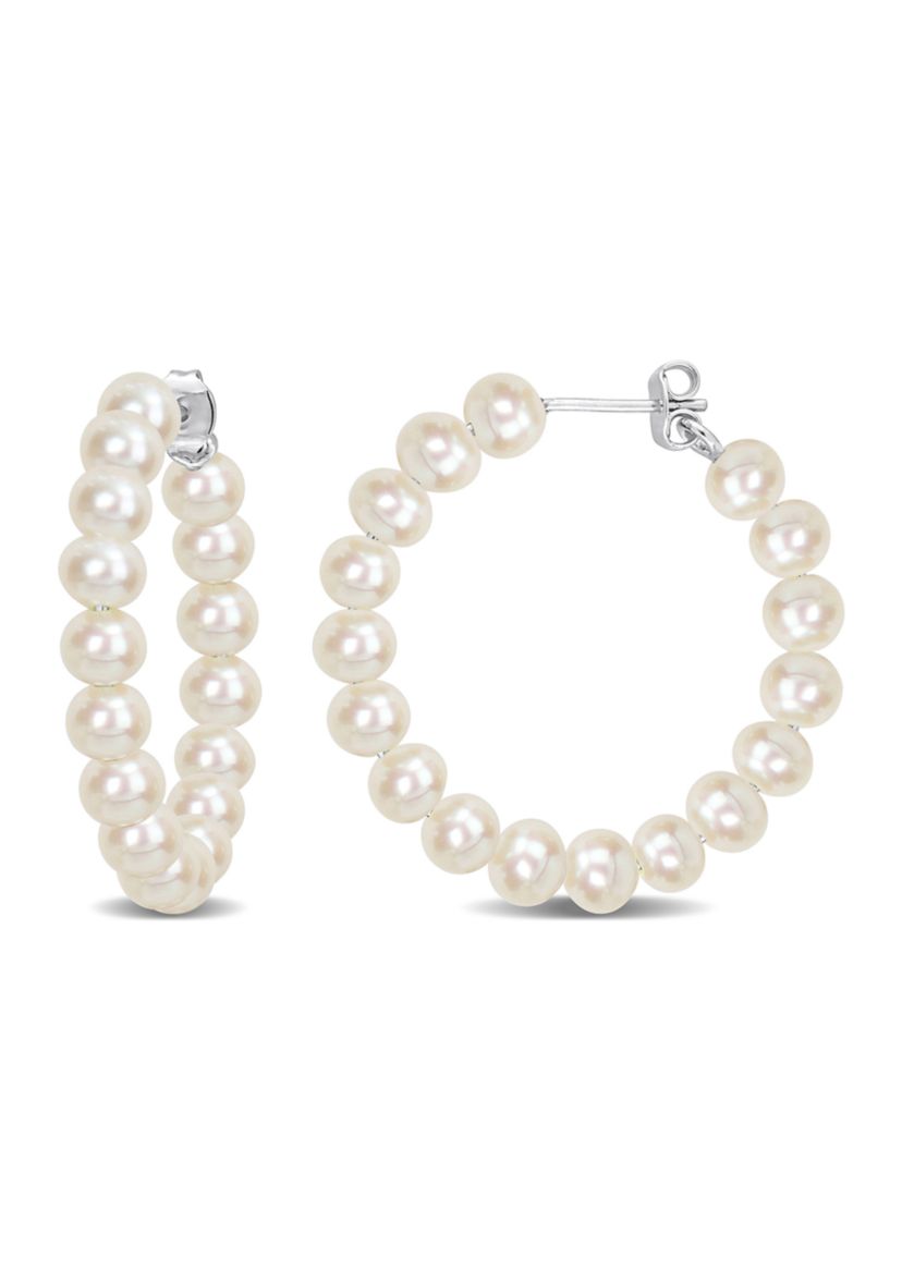 5-5.5mm Freshwater Cultured Pearl Hoop Earrings in Sterling Silver