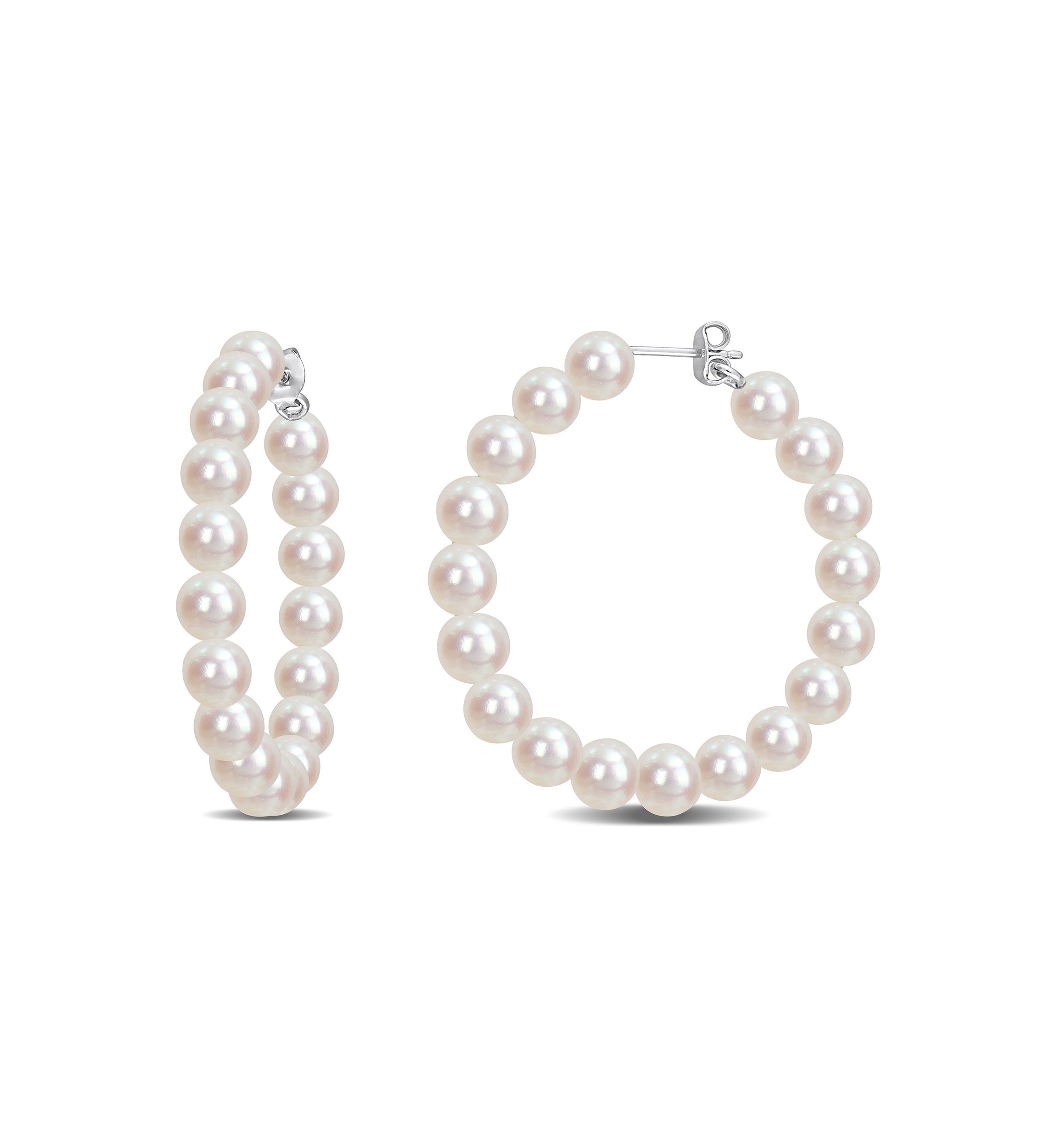 6-6.5mm Freshwater Cultured Pearl Hoop Earrings in Sterling Silver