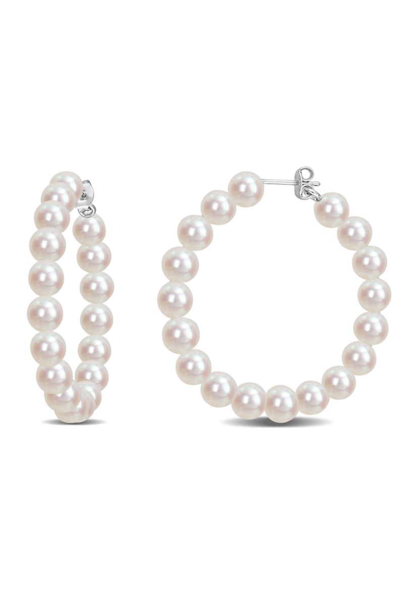 6-6.5mm Freshwater Cultured Pearl Hoop Earrings in Sterling Silver