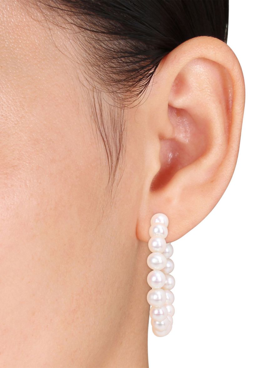 6-6.5mm Freshwater Cultured Pearl Hoop Earrings in Sterling Silver