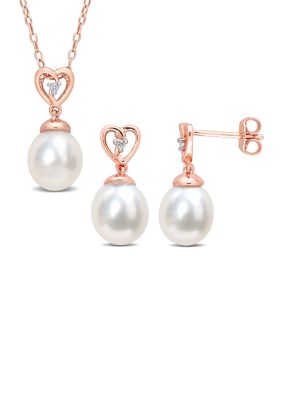 Belk & Co 8-9mm South Sea Cultured Freshwater Pearl and White Topaz 2-PC Heart Earrings and Pendant w/Chain Set in Rose Plated Sterling Silver