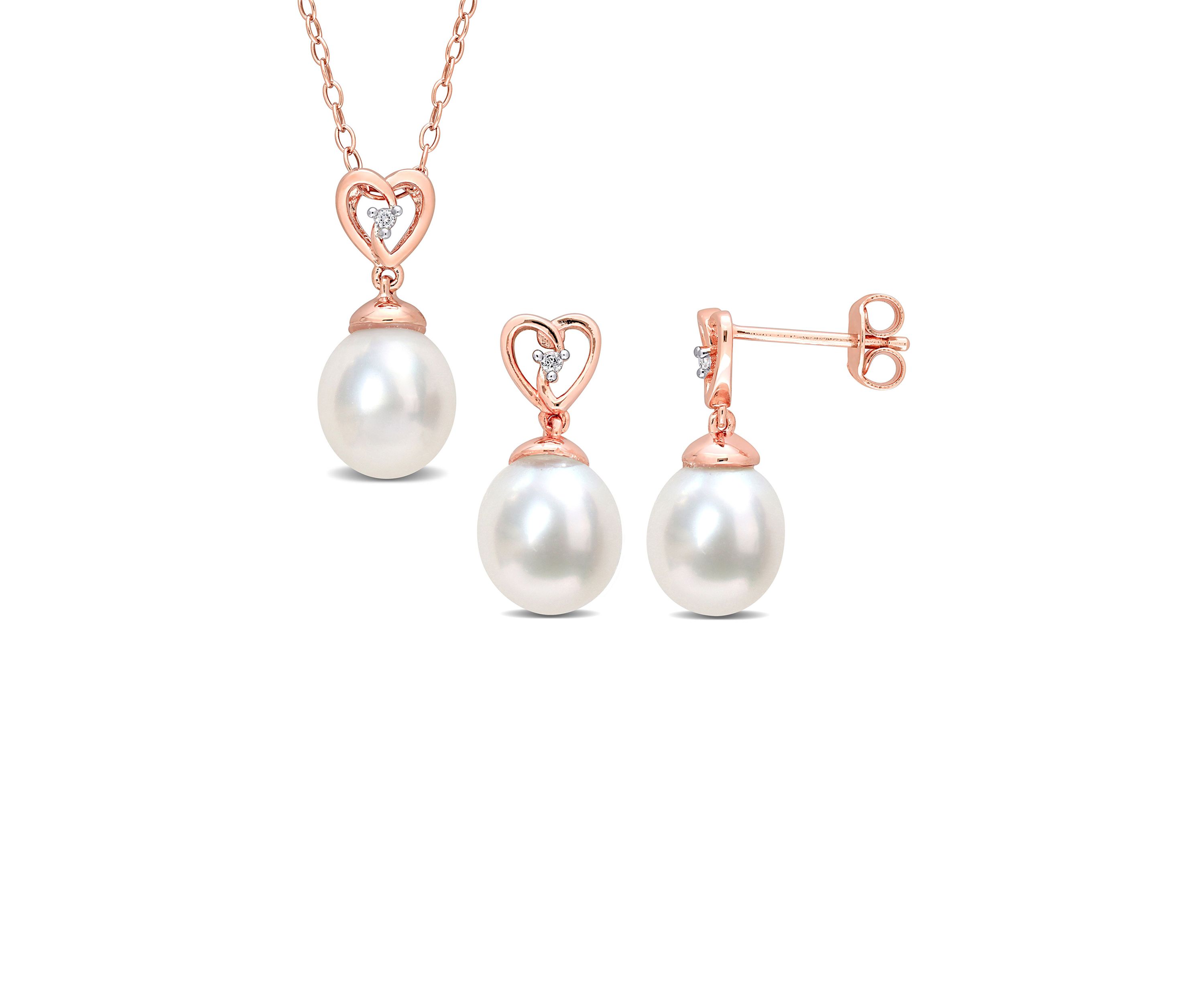 8-9mm South Sea Cultured Freshwater Pearl and White Topaz 2-PC Heart Earrings and Pendant w/Chain Set in Rose Plated Sterling Silver