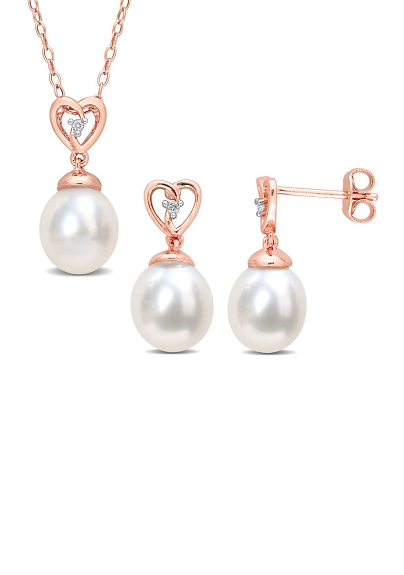 8-9mm South Sea Cultured Freshwater Pearl and White Topaz 2-PC Heart Earrings and Pendant w/Chain Set in Rose Plated Sterling Silver