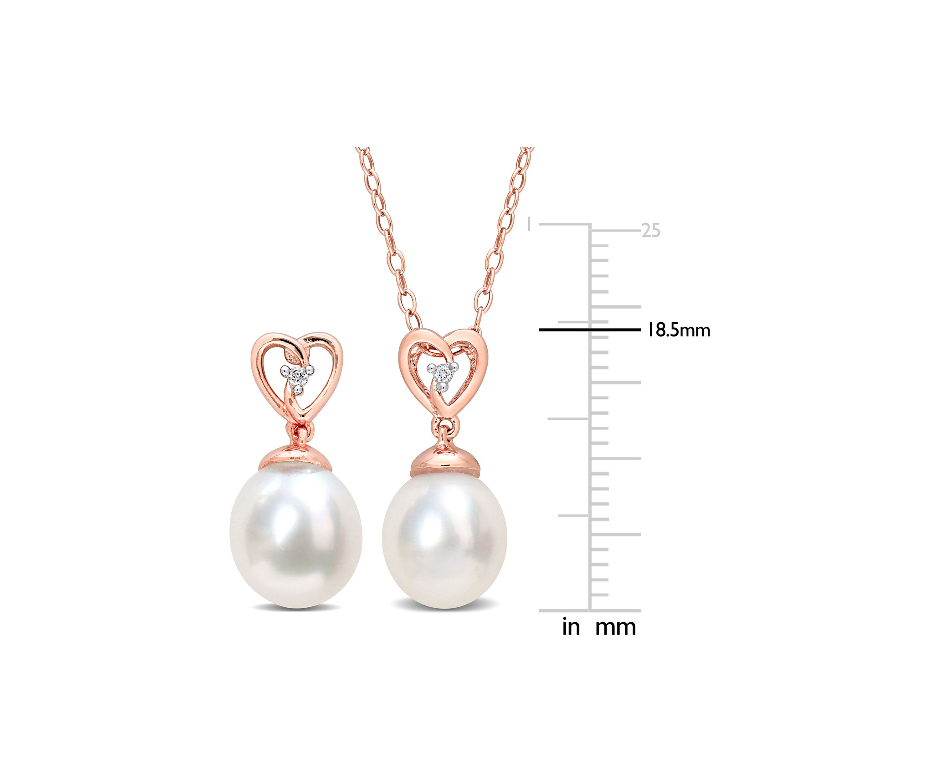8-9mm South Sea Cultured Freshwater Pearl and White Topaz 2-PC Heart Earrings and Pendant w/Chain Set in Rose Plated Sterling Silver