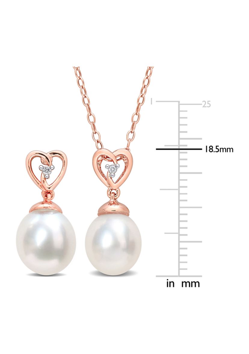 8-9mm South Sea Cultured Freshwater Pearl and White Topaz 2-PC Heart Earrings and Pendant w/Chain Set in Rose Plated Sterling Silver