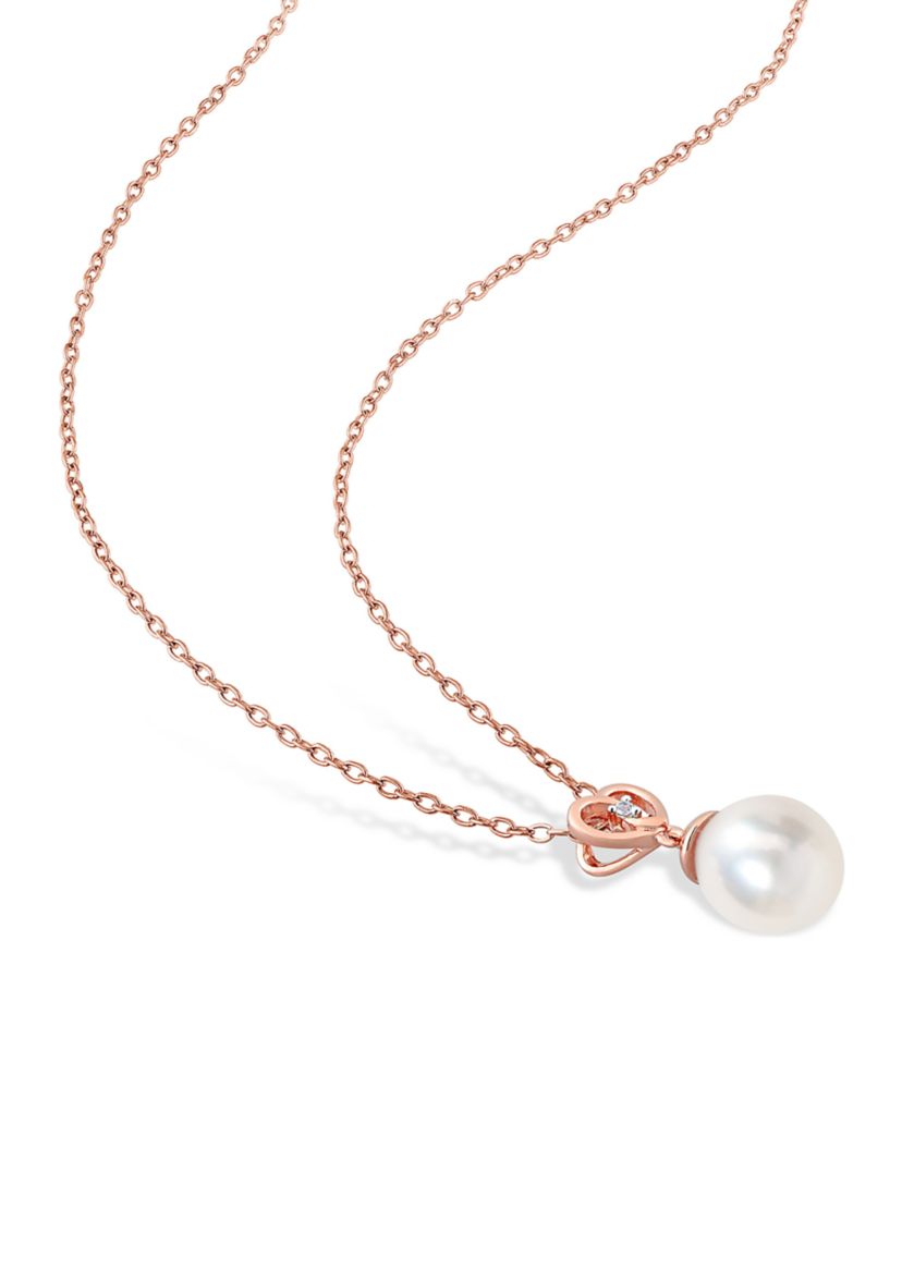 8-9mm South Sea Cultured Freshwater Pearl and White Topaz 2-PC Heart Earrings and Pendant w/Chain Set in Rose Plated Sterling Silver