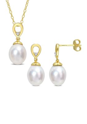 Belk & Co 8-9mm South Sea Cultured Freshwater Pearl and White Topaz 2-PC Teardrop Earrings and Pendant w/Chain Set in Yellow Plated Sterling Silver