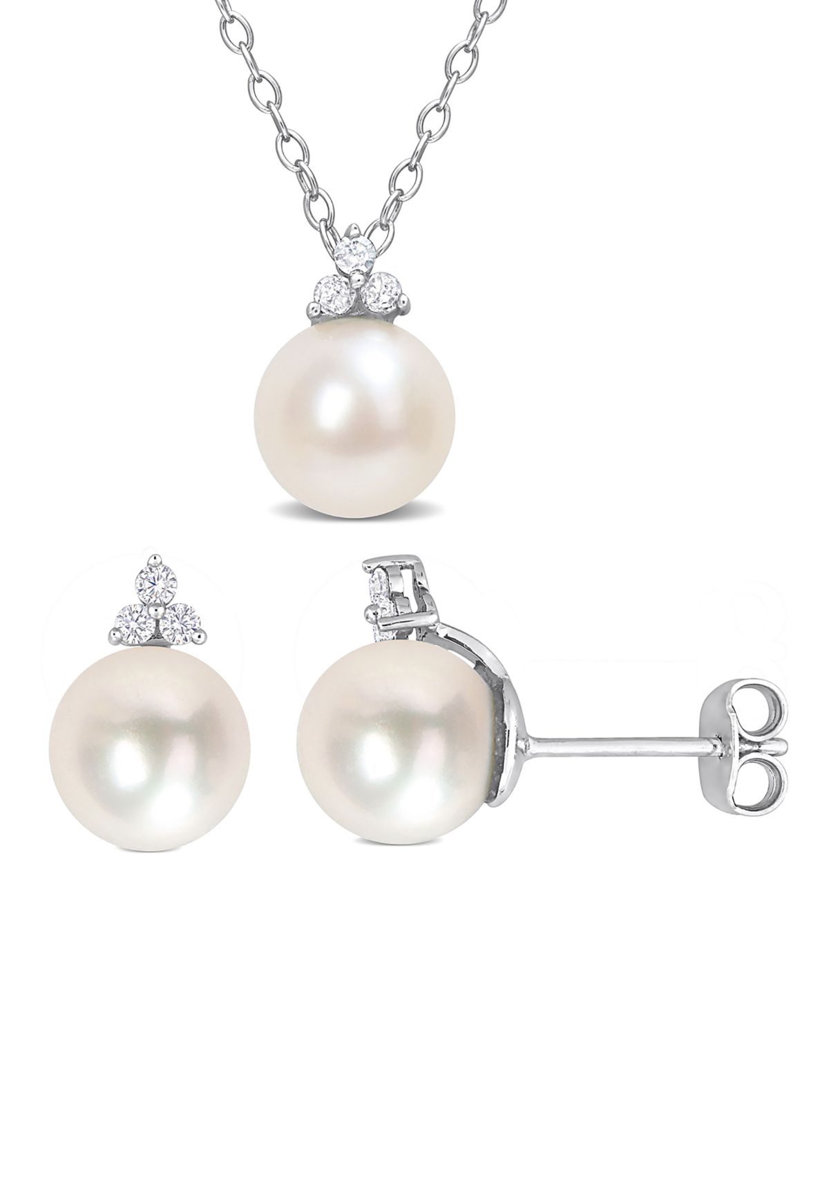 8-8.5mm Cultured Freshwater Pearl and 1/5 CT TDW Diamond 2-PC Stud Earrings and Pendant w/Chain Set in Sterling Silver