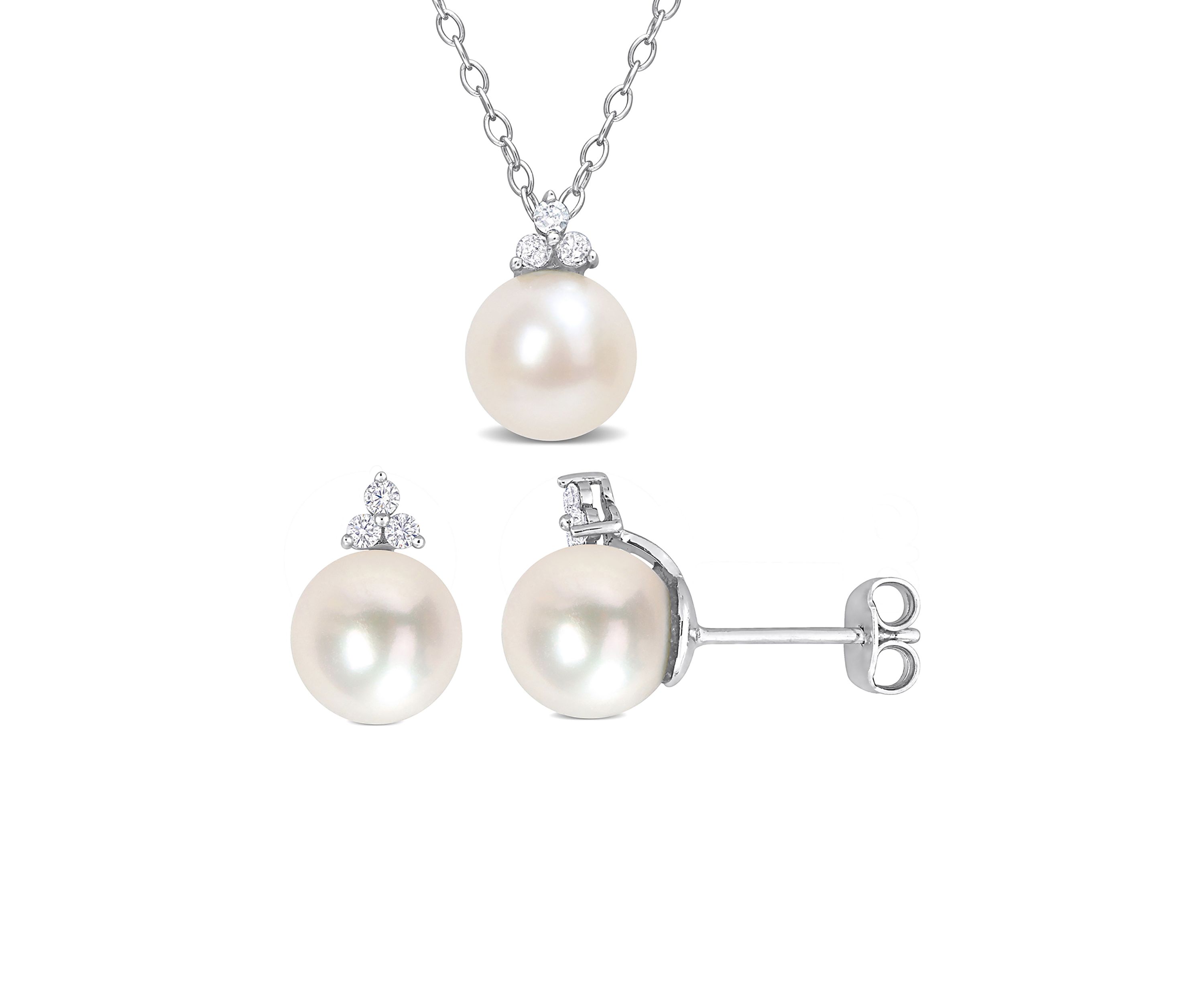 8-8.5mm Cultured Freshwater Pearl and 1/5 CT TDW Diamond 2-PC Stud Earrings and Pendant w/Chain Set in Sterling Silver