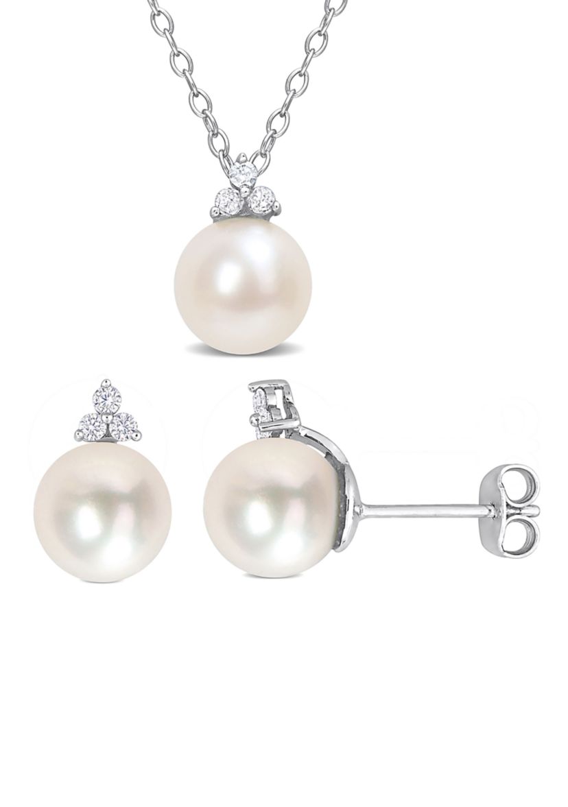 8-8.5mm Cultured Freshwater Pearl and 1/5 CT TDW Diamond 2-PC Stud Earrings and Pendant w/Chain Set in Sterling Silver