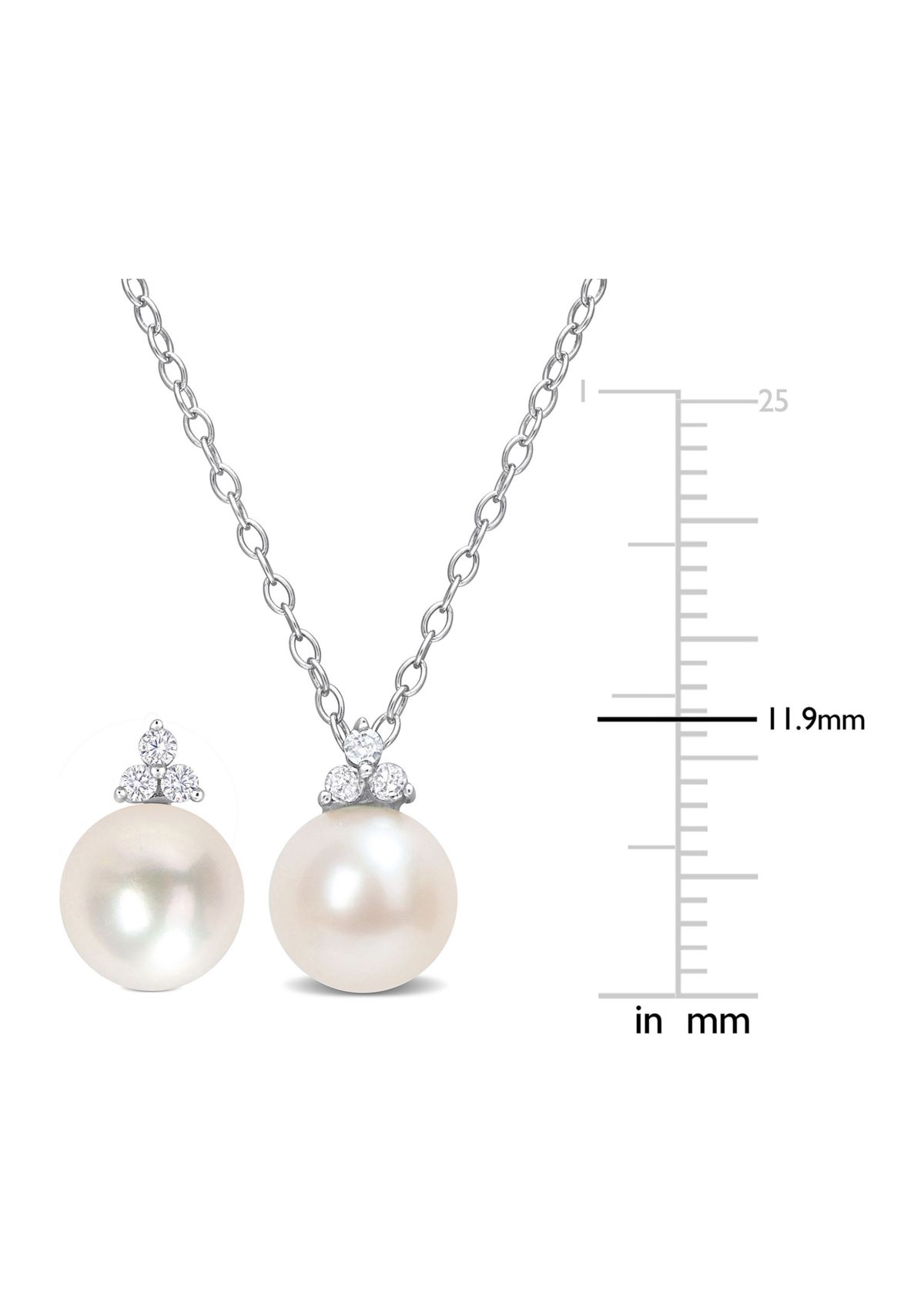 8-8.5mm Cultured Freshwater Pearl and 1/5 CT TDW Diamond 2-PC Stud Earrings and Pendant w/Chain Set in Sterling Silver