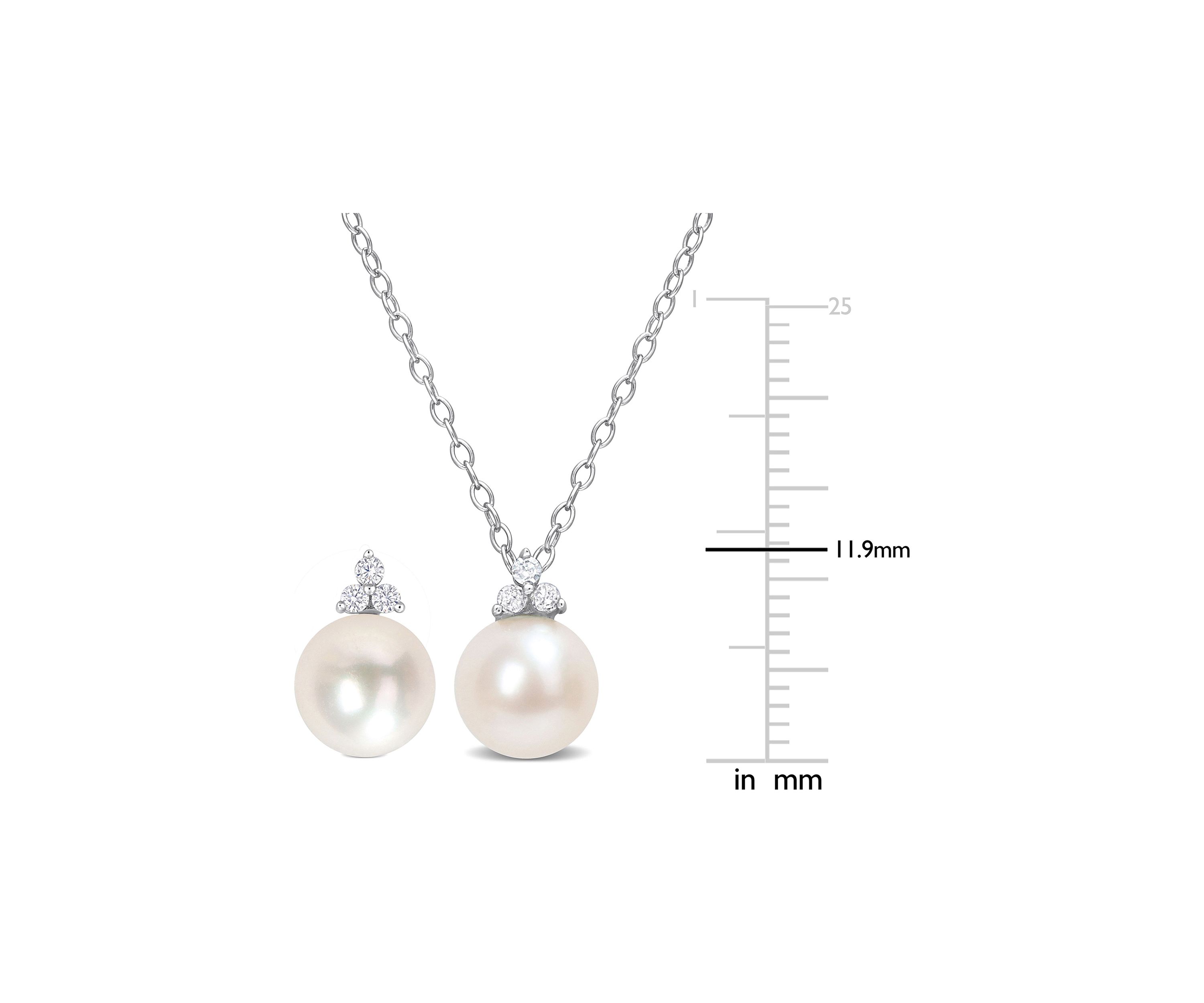 8-8.5mm Cultured Freshwater Pearl and 1/5 CT TDW Diamond 2-PC Stud Earrings and Pendant w/Chain Set in Sterling Silver