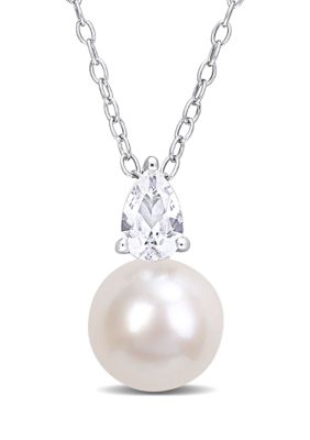 Belk & Co Lab Created 8.5-9mm White Freshwater Cultured Pearl and 5/8 CT TGW White Sapphire Solitaire Pendant with Chain in Sterling Silver