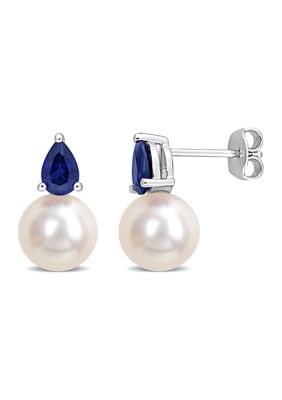 Belk & Co Lab Created 8.5-9Mm White Freshwater Cultured Pearl And 1 1/3 Ct Tgw Created Blue Sapphire Stud Earrings In Sterling Silver