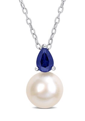 Belk & Co Lab Created 8.5-9mm White Freshwater Cultured Pearl and 5/8 CT TGW Blue Sapphire Solitaire Pendant with Chain in Sterling Silver