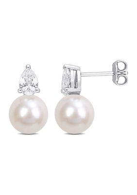 Belk & Co Lab Created 8.5-9Mm White Freshwater Cultured Pearl And 1 1/3 Ct Tgw Created White Sapphire Stud Earrings In Sterling Silver
