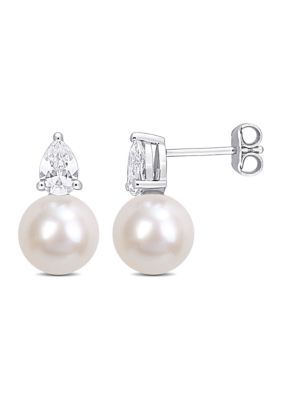 Belk & Co Lab Created 8.5-9mm White Freshwater Cultured Pearl and 1 1/3 CT TGW White Sapphire Stud Earrings in Sterling Silver