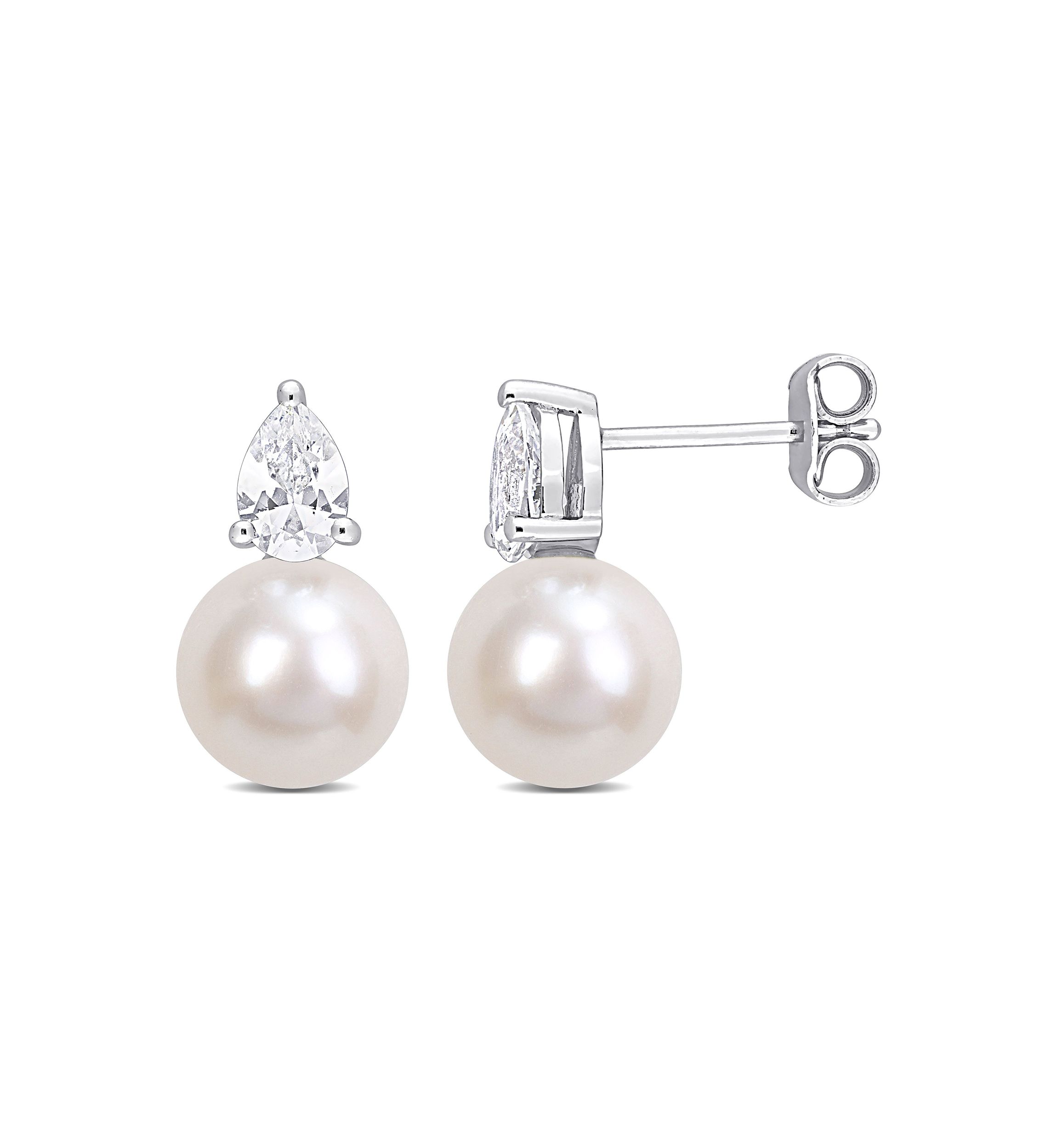 Lab Created 8.5-9mm White Freshwater Cultured Pearl and 1 1/3 CT TGW Created White Sapphire Stud Earrings in Sterling Silver