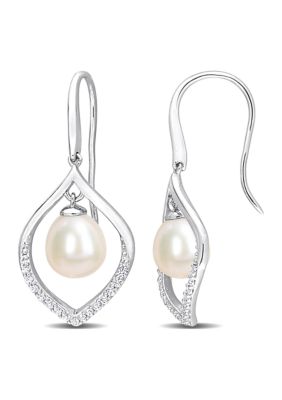 Belk & Co 8-8.5mm Freshwater Cultured Pearl and 1/3 CT TGW White Sapphire Open Hook Earrings in Sterling Silver