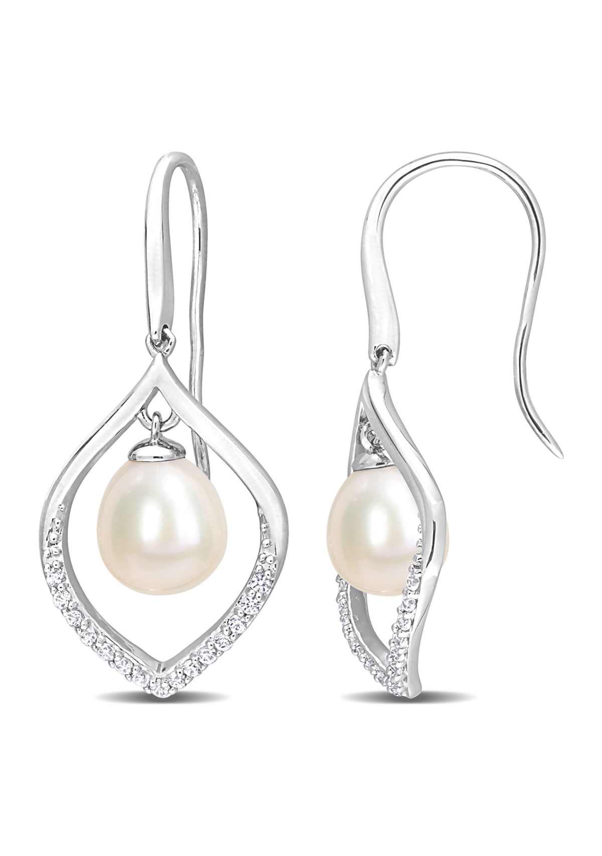 8-8.5mm Freshwater Cultured Pearl and 1/3 CT TGW White Sapphire Open Hook Earrings in Sterling Silver