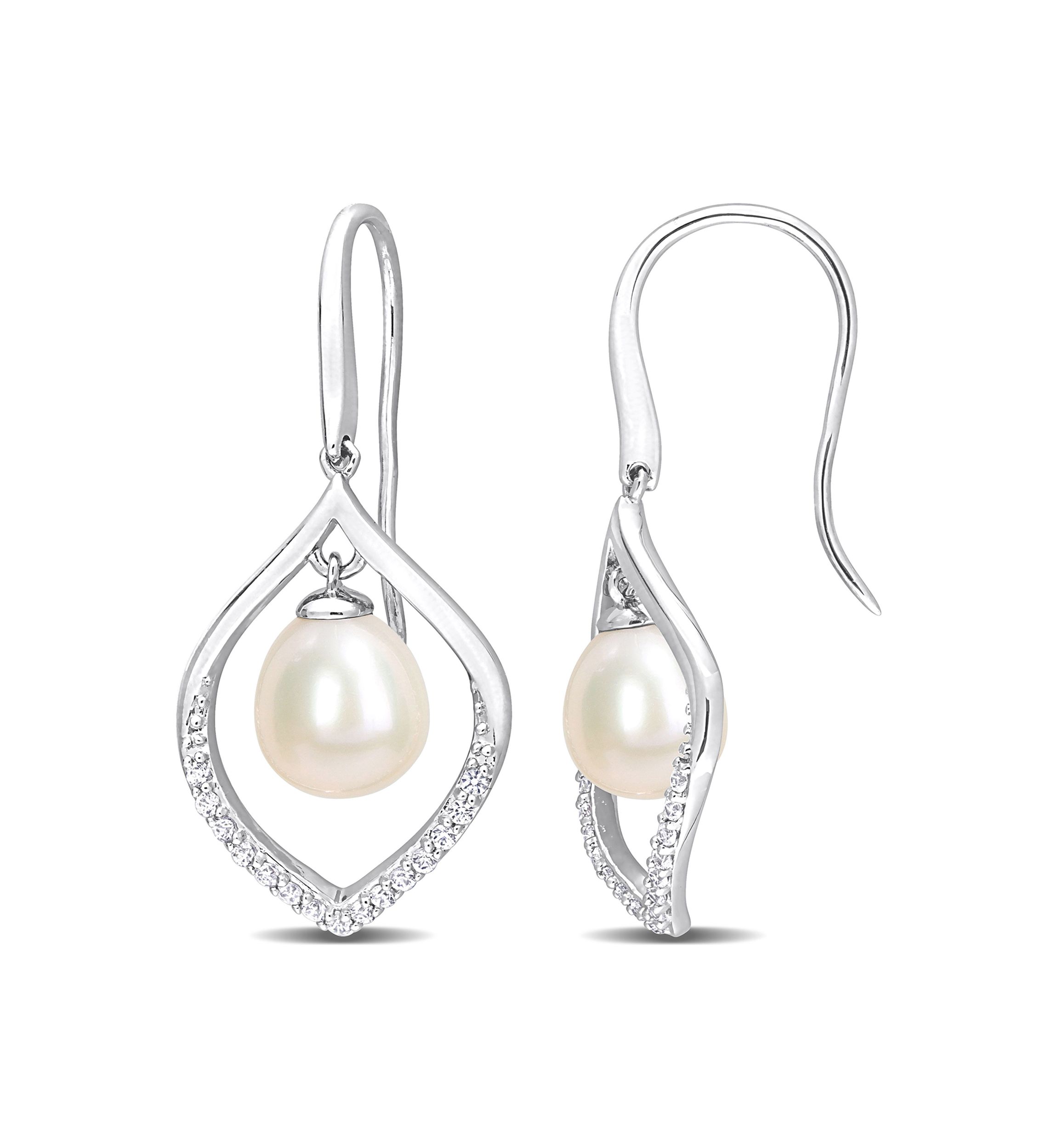 8-8.5mm Freshwater Cultured Pearl and 1/3 CT TGW White Sapphire Open Hook Earrings in Sterling Silver