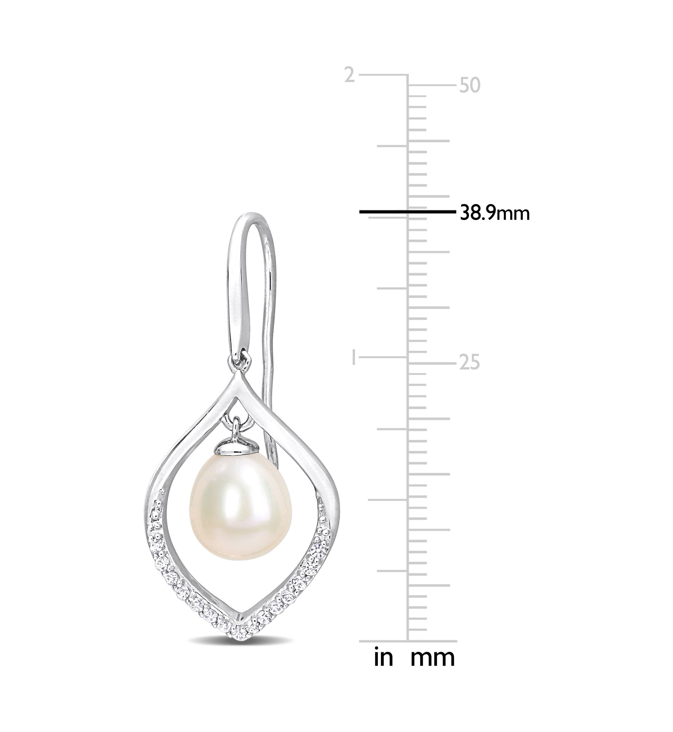 8-8.5mm Freshwater Cultured Pearl and 1/3 CT TGW White Sapphire Open Hook Earrings in Sterling Silver