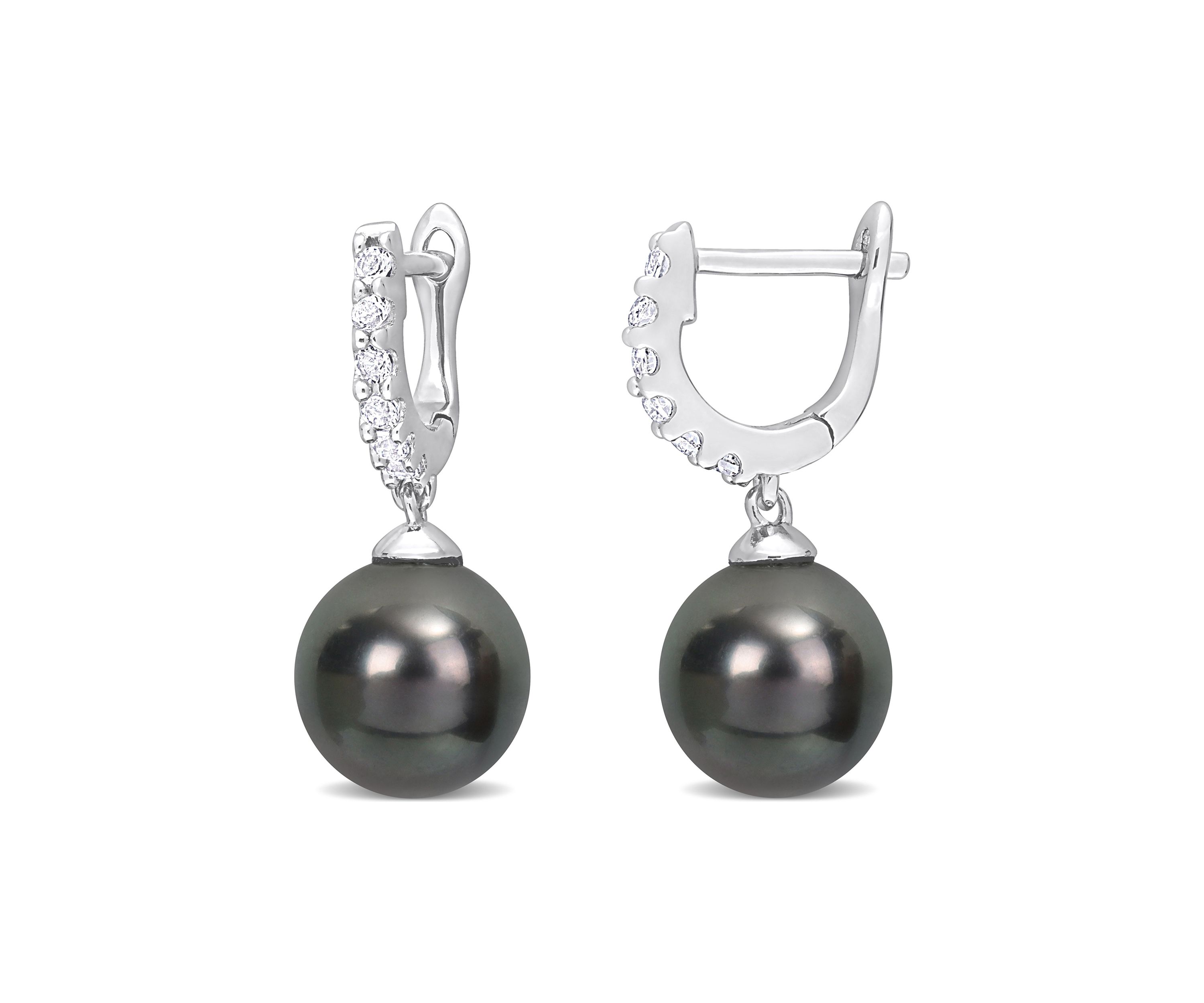 8.5-9mm Black Tahitian Pearl and 3/8 CT TGW White Topaz Drop Cuff Earrings in Sterling Silver