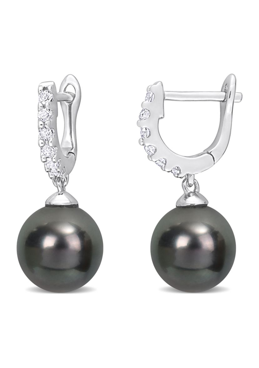 8.5-9mm Black Tahitian Pearl and 3/8 CT TGW White Topaz Drop Cuff Earrings in Sterling Silver
