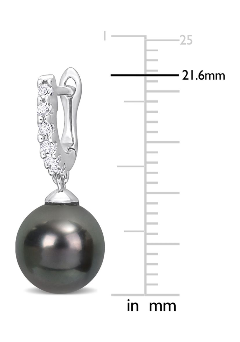 8.5-9mm Black Tahitian Pearl and 3/8 CT TGW White Topaz Drop Cuff Earrings in Sterling Silver