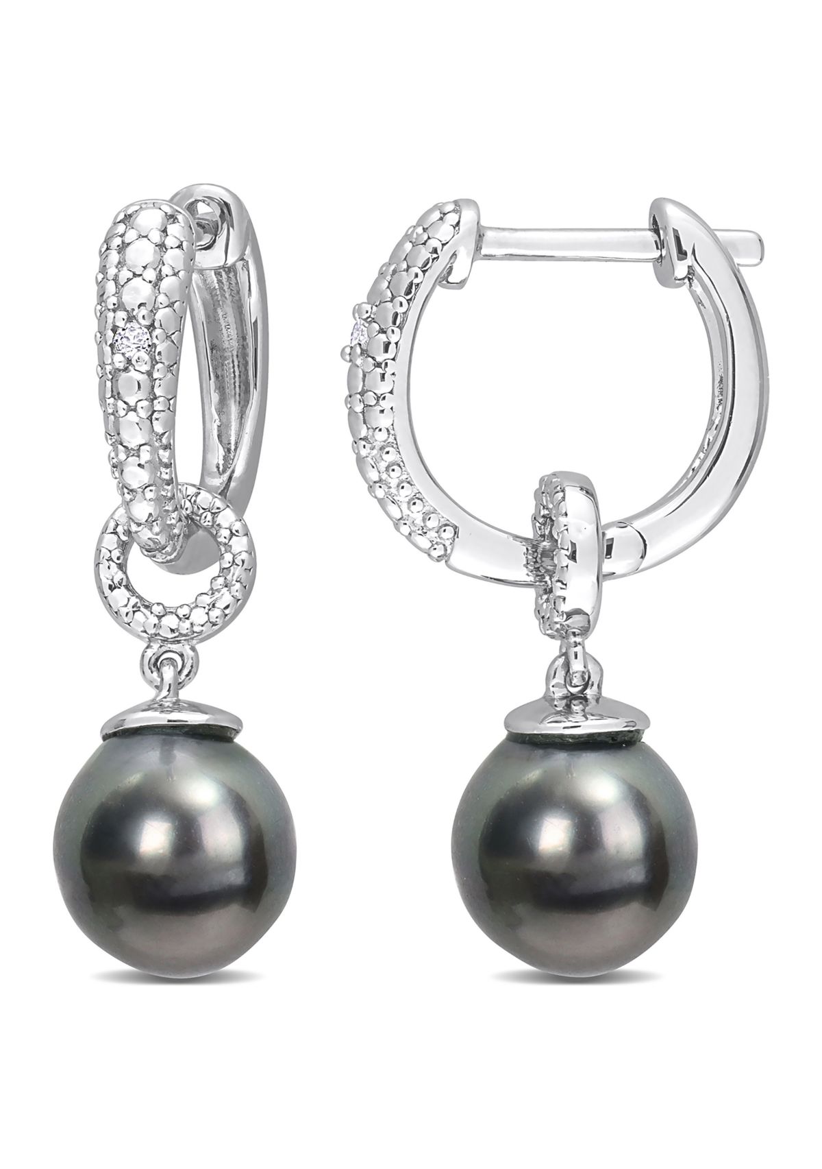 8-8.5mm Black Tahitian Cultured Pearl and Diamond Accent Drop Huggie Earrings in Sterling Silver