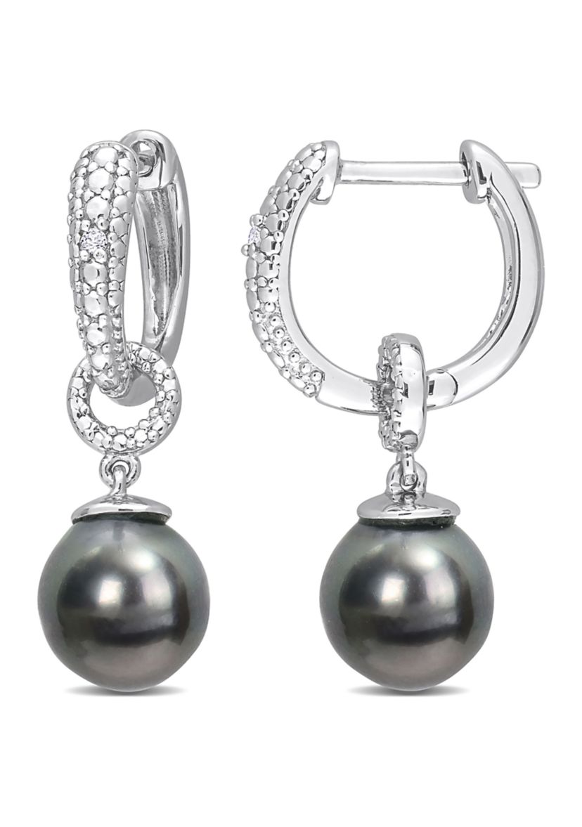 8-8.5mm Black Tahitian Cultured Pearl and Diamond Accent Drop Huggie Earrings in Sterling Silver