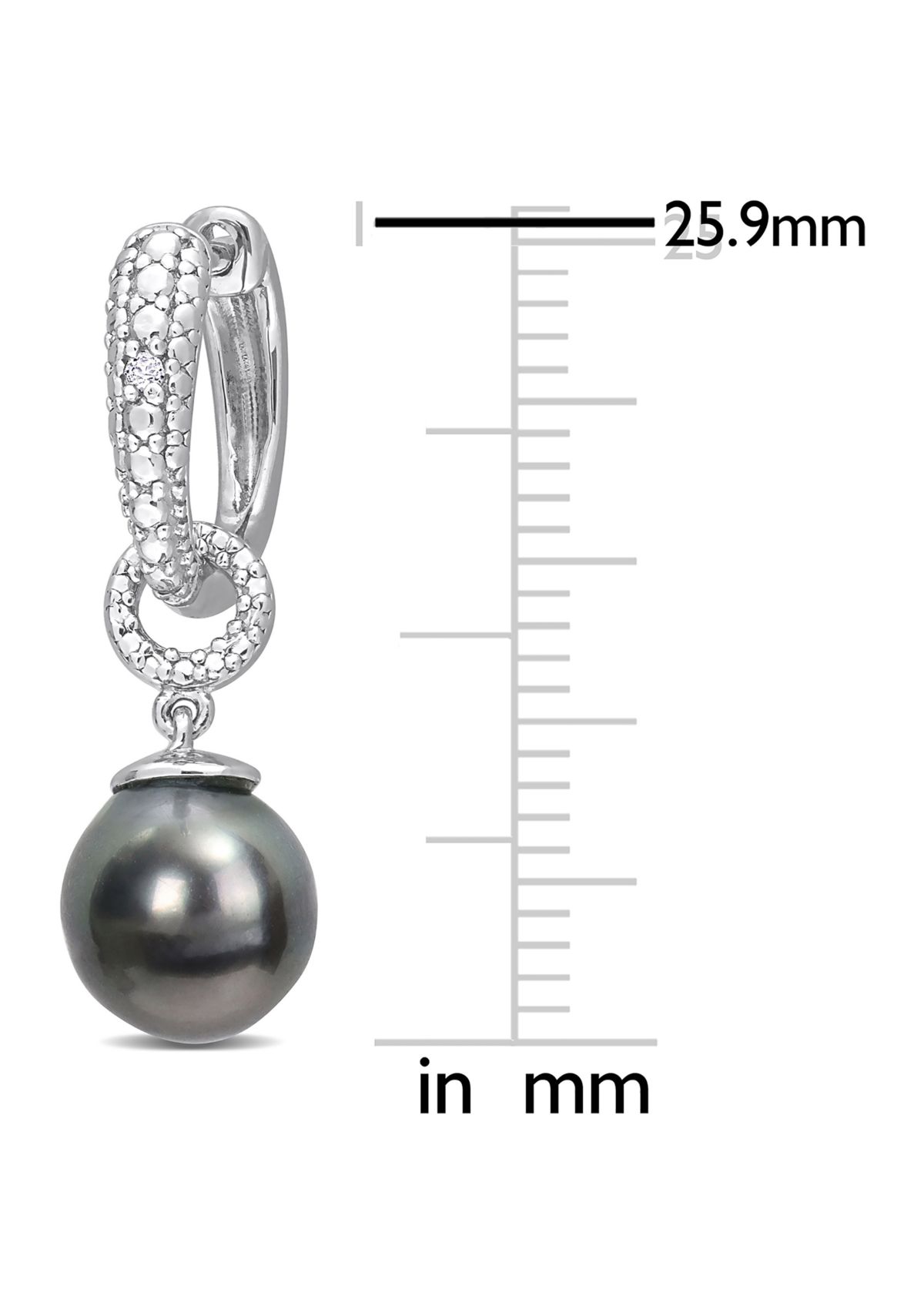 8-8.5mm Black Tahitian Cultured Pearl and Diamond Accent Drop Huggie Earrings in Sterling Silver