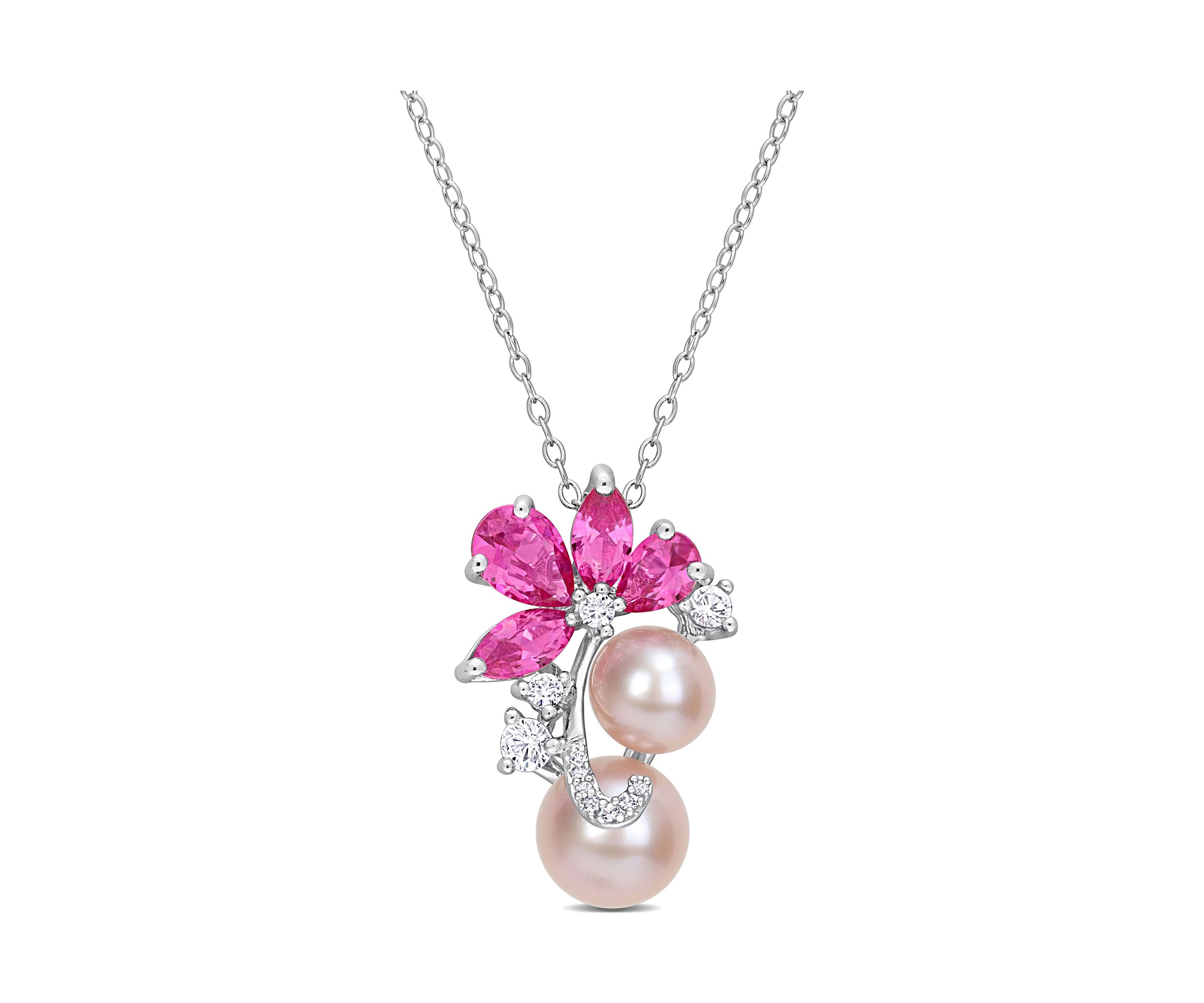 Lab Created Pink Cultured Freshwater Pearl & 3 1/8 CT TGW Created Pink and White Sapphire Pendant with Chain in Sterling Silver