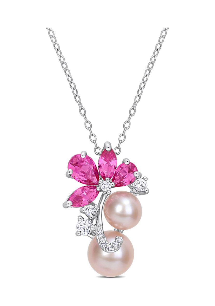 Lab Created Pink Cultured Freshwater Pearl & 3 1/8 CT TGW Created Pink and White Sapphire Pendant with Chain in Sterling Silver