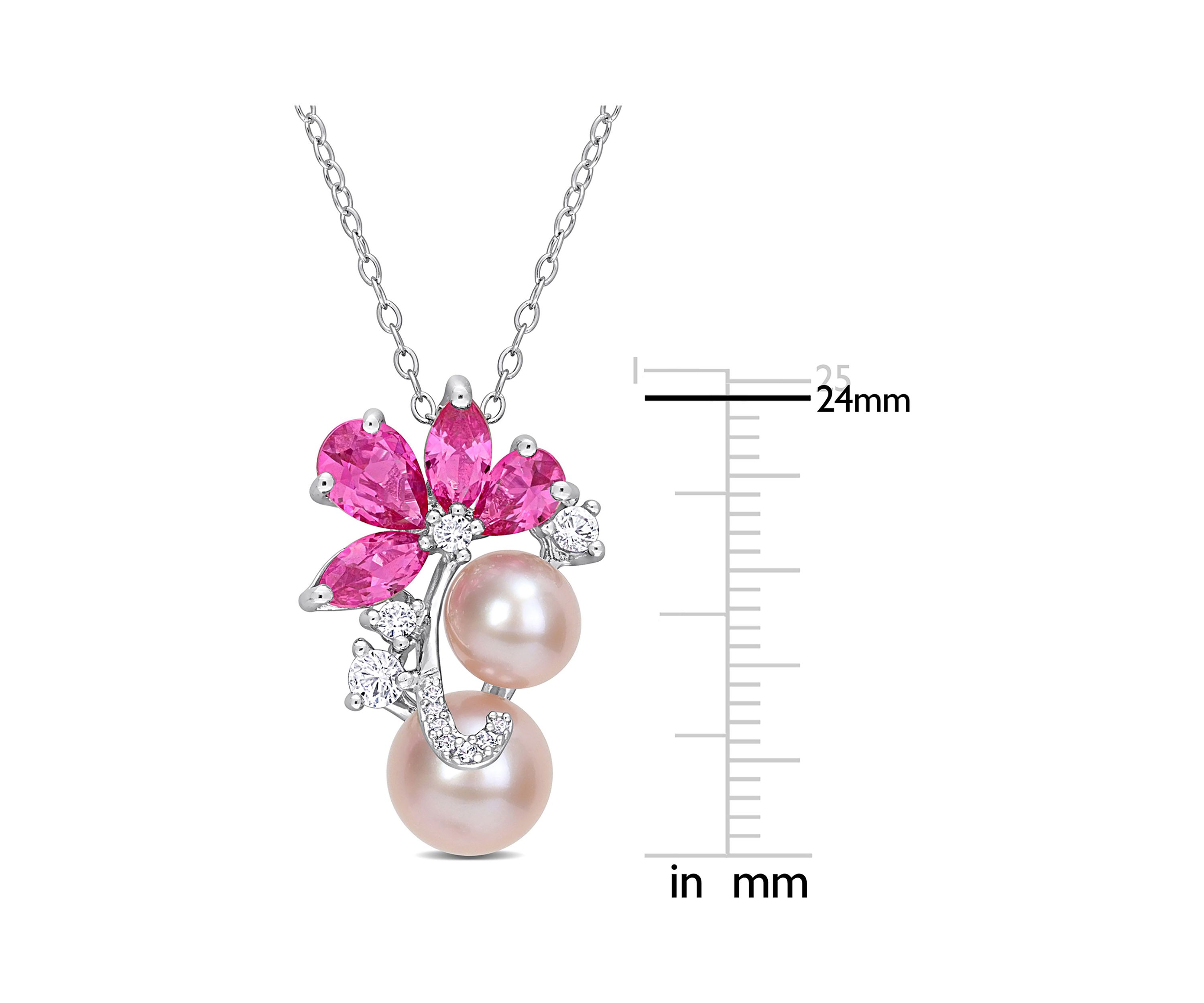 Lab Created Pink Cultured Freshwater Pearl & 3 1/8 CT TGW Created Pink and White Sapphire Pendant with Chain in Sterling Silver