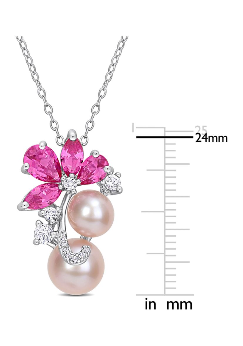 Lab Created Pink Cultured Freshwater Pearl & 3 1/8 CT TGW Created Pink and White Sapphire Pendant with Chain in Sterling Silver