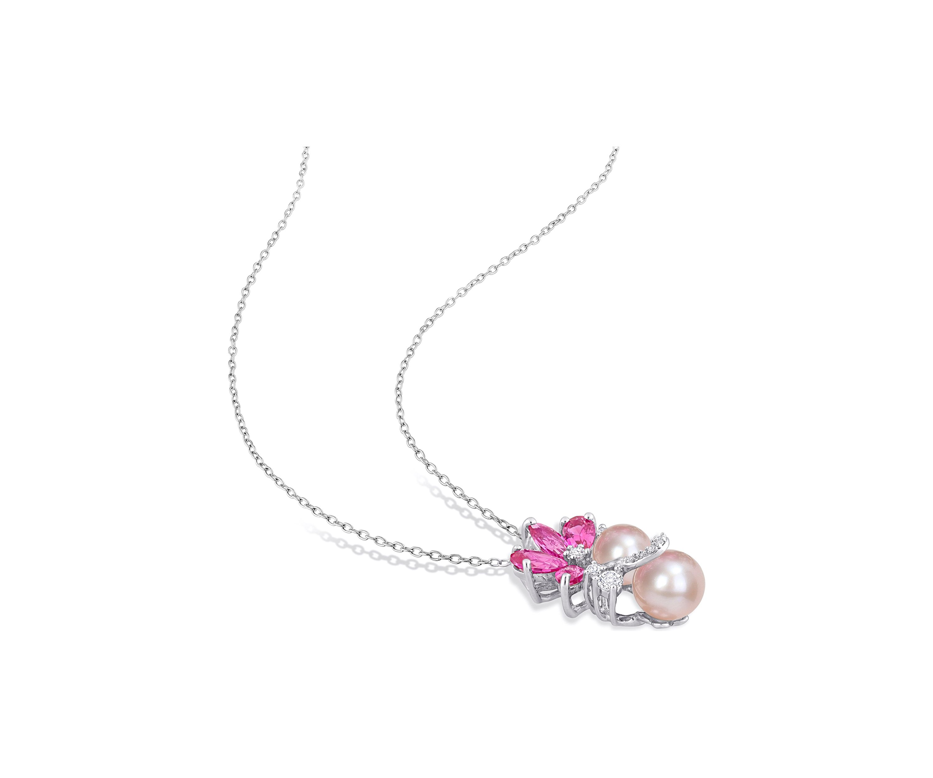 Lab Created Pink Cultured Freshwater Pearl & 3 1/8 CT TGW Created Pink and White Sapphire Pendant with Chain in Sterling Silver