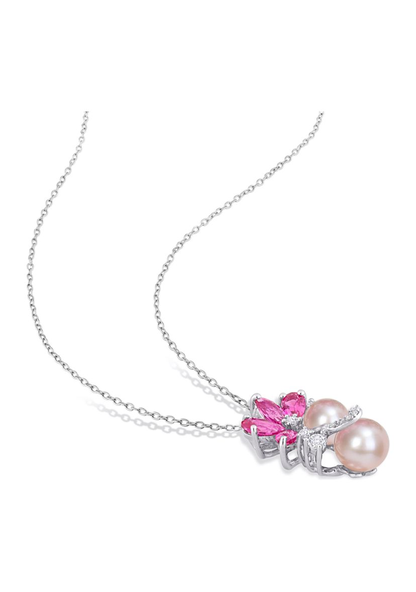 Lab Created Pink Cultured Freshwater Pearl & 3 1/8 CT TGW Created Pink and White Sapphire Pendant with Chain in Sterling Silver
