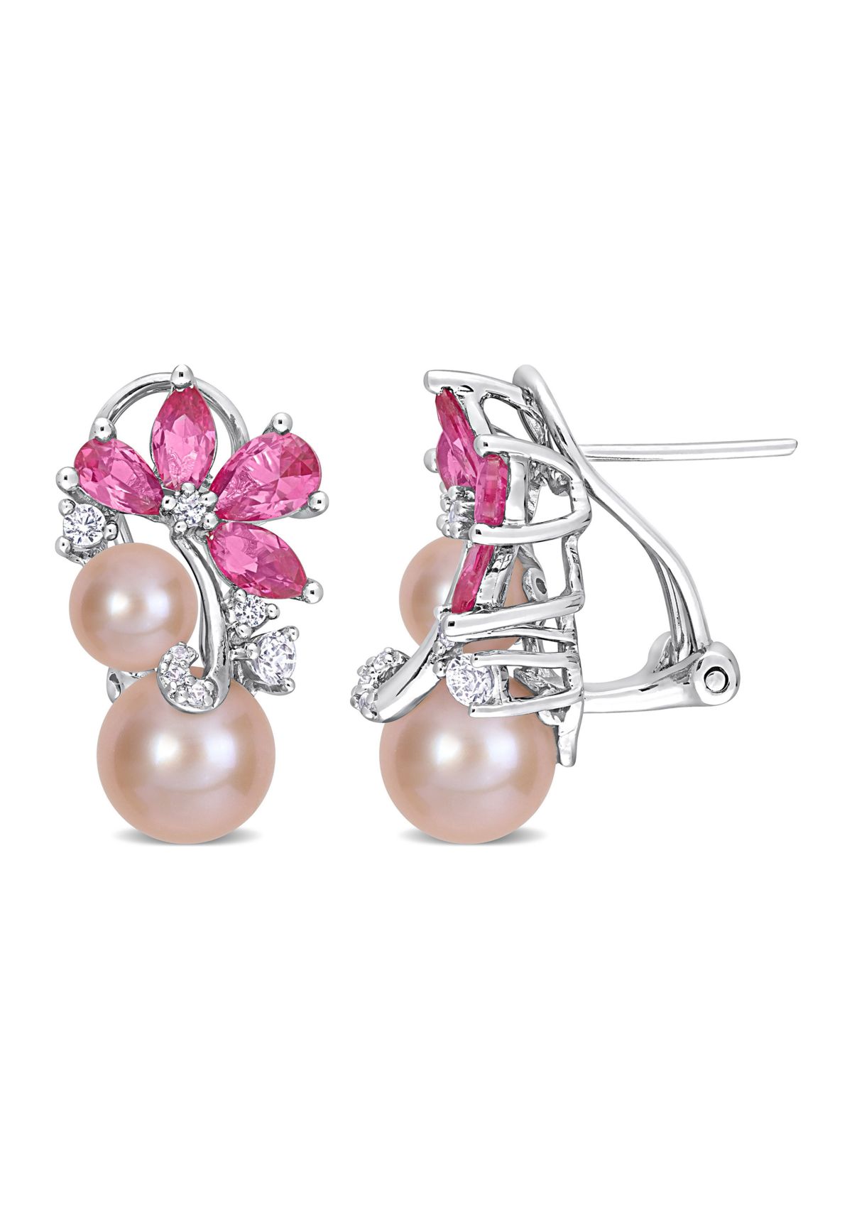Lab Created Pink Cultured Freshwater Pearl & 4 1/4 CT TGW Created Pink and White Sapphire Earrings in Sterling Silver