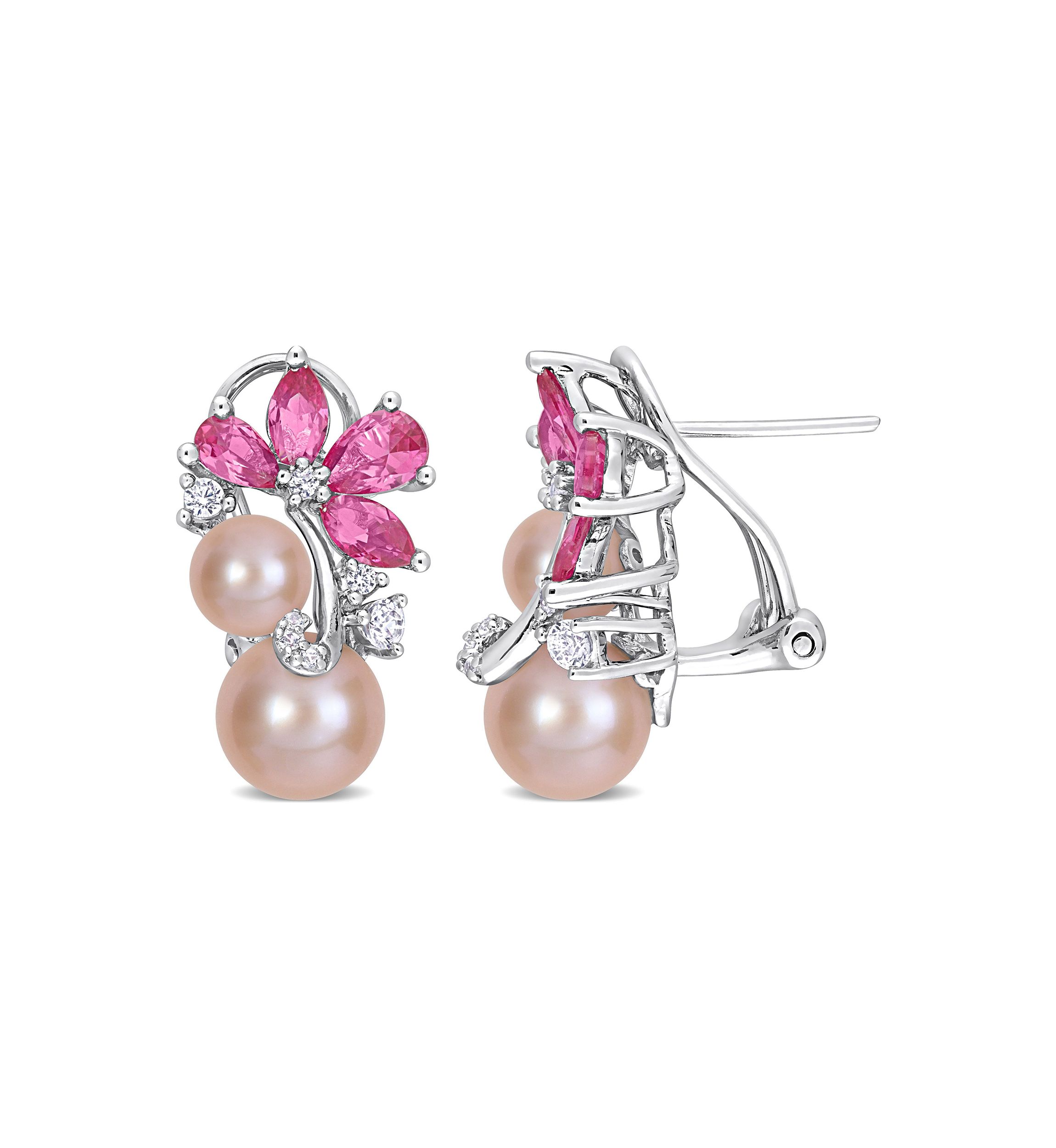 Lab Created Pink Cultured Freshwater Pearl & 4 1/4 CT TGW Created Pink and White Sapphire Earrings in Sterling Silver